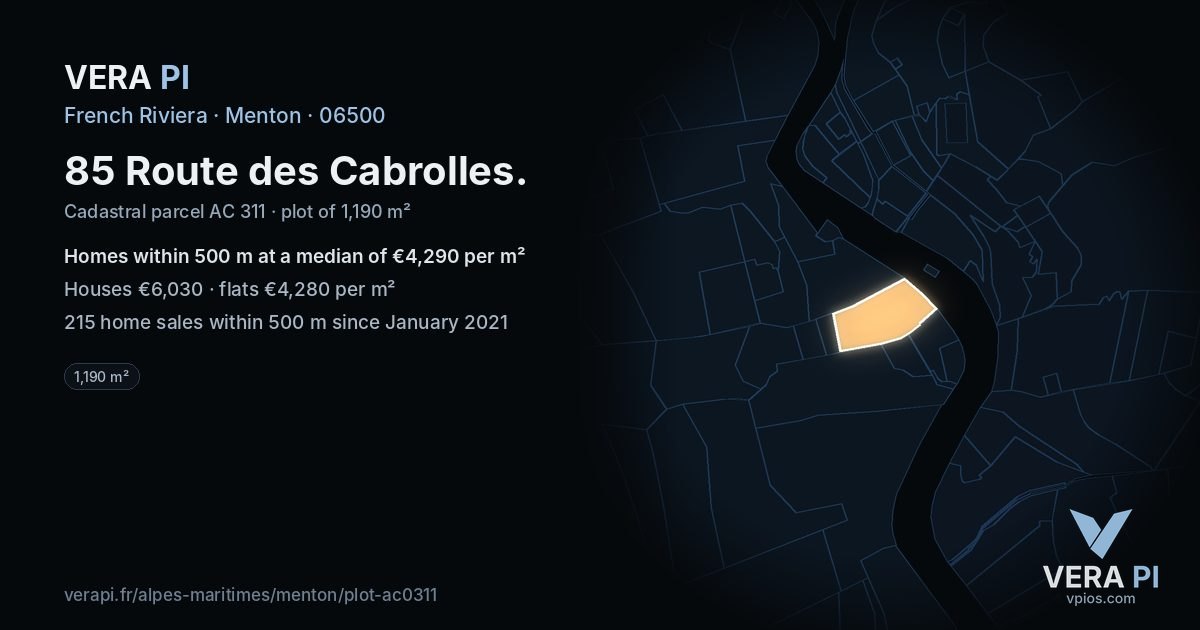 85 Route des Cabrolles, Menton at night – the plot lit, the parcels around coloured by the prices near them