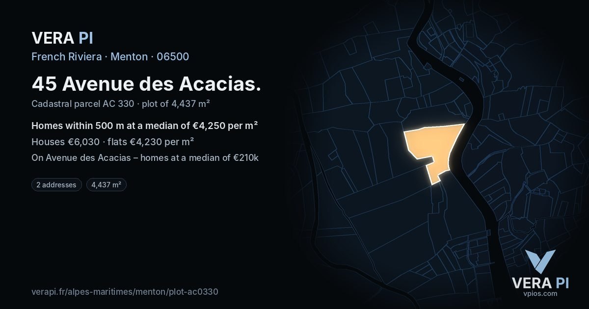 45 Avenue des Acacias, Menton at night – the plot lit, the parcels around coloured by the prices near them