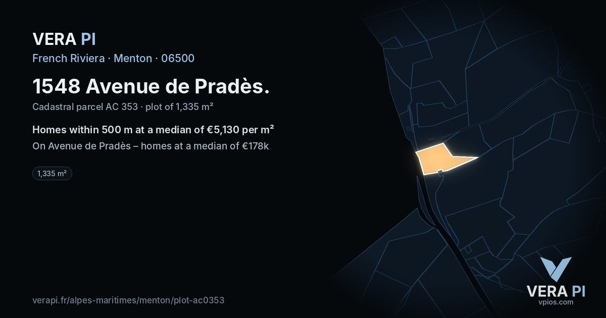 1548 Avenue de Pradès, Menton at night – the plot lit, the parcels around coloured by the prices near them