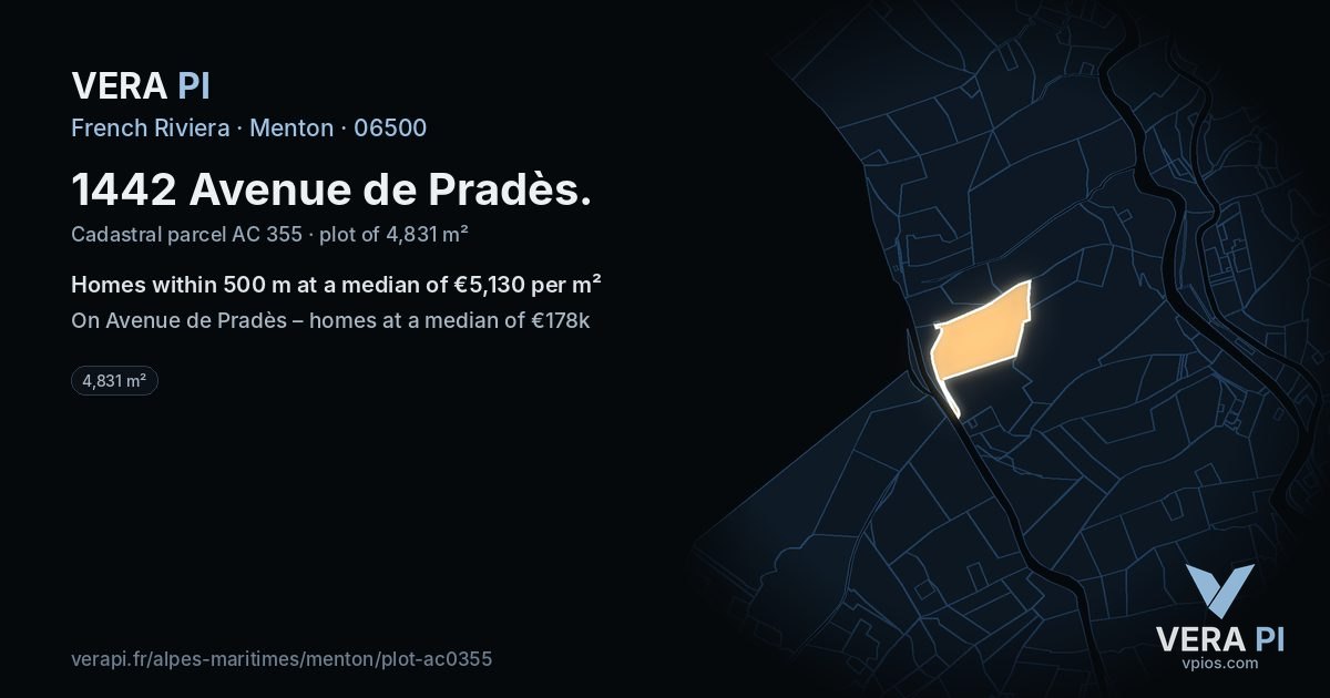 1442 Avenue de Pradès, Menton at night – the plot lit, the parcels around coloured by the prices near them