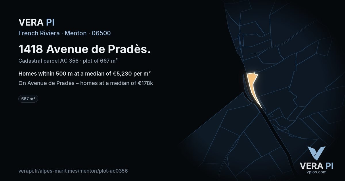 1418 Avenue de Pradès, Menton at night – the plot lit, the parcels around coloured by the prices near them
