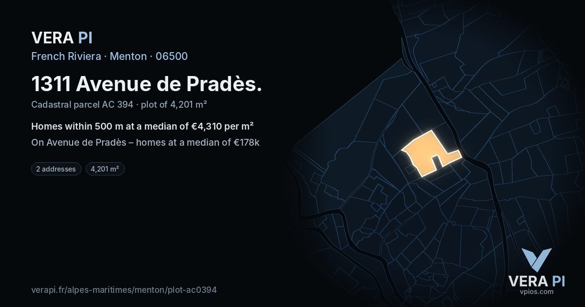 1311 Avenue de Pradès, Menton at night – the plot lit, the parcels around coloured by the prices near them