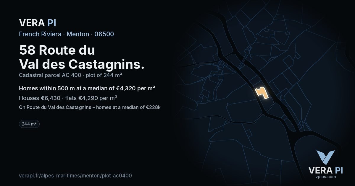 58 Route du Val des Castagnins, Menton at night – the plot lit, the parcels around coloured by the prices near them