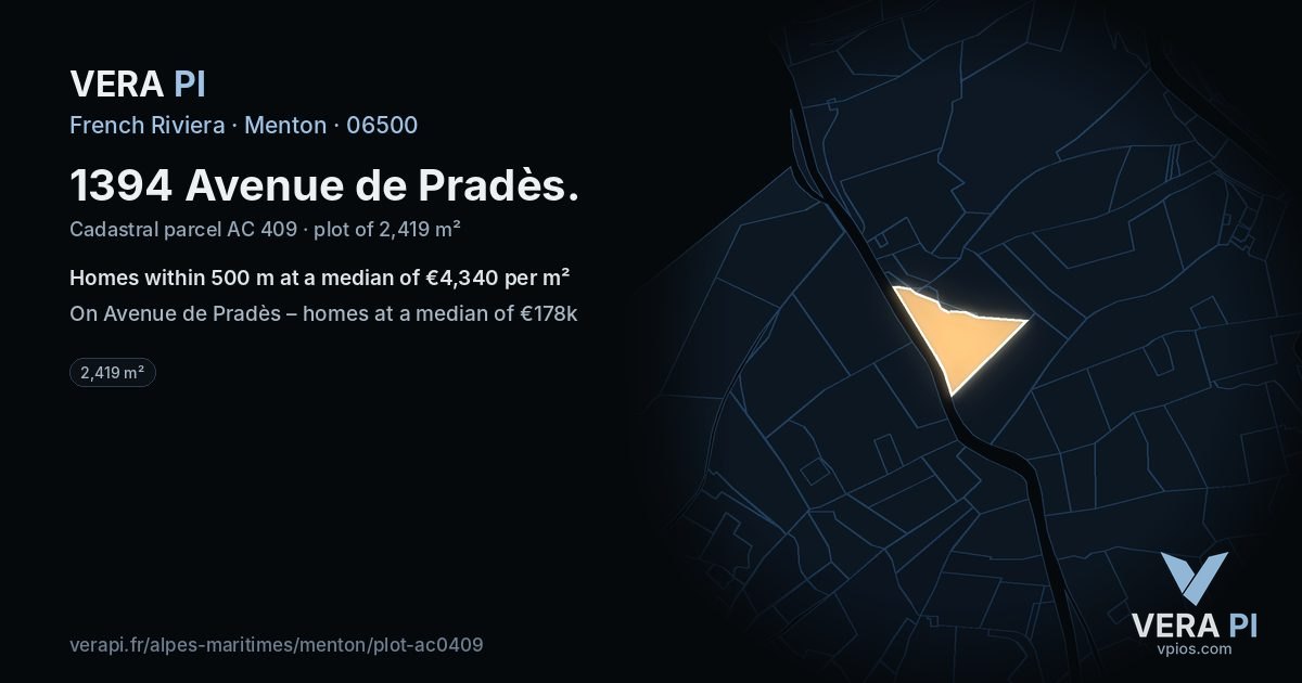 1394 Avenue de Pradès, Menton at night – the plot lit, the parcels around coloured by the prices near them