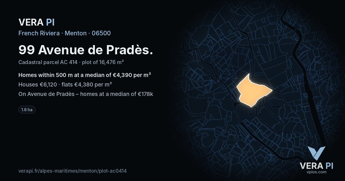 99 Avenue de Pradès, Menton at night – the plot lit, the parcels around coloured by the prices near them
