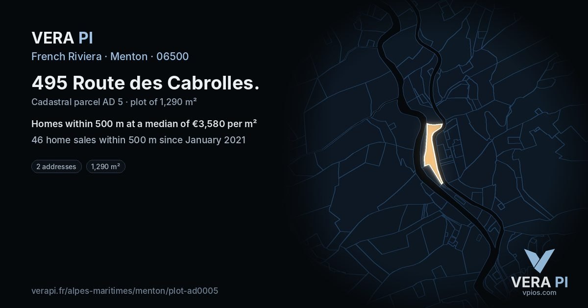495 Route des Cabrolles, Menton at night – the plot lit, the parcels around coloured by the prices near them