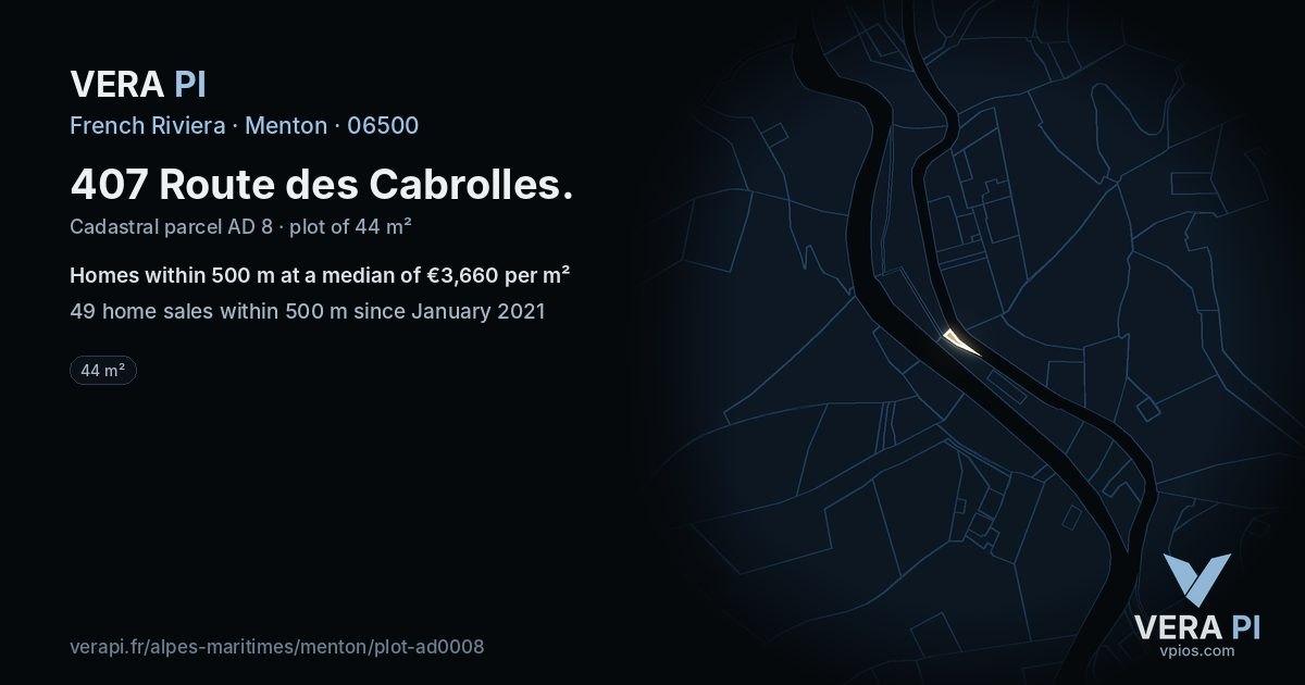 407 Route des Cabrolles, Menton at night – the plot lit, the parcels around coloured by the prices near them
