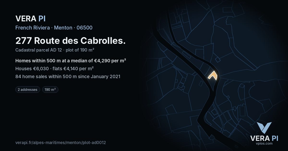 277 Route des Cabrolles, Menton at night – the plot lit, the parcels around coloured by the prices near them