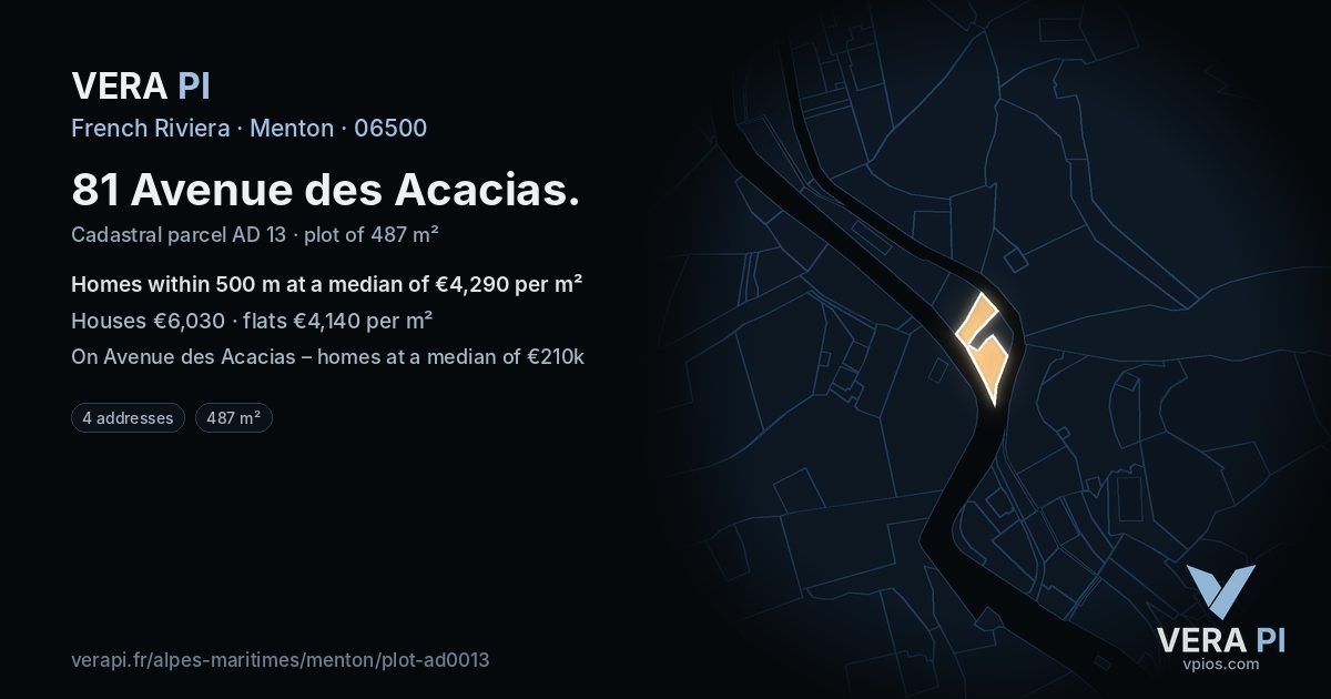 81 Avenue des Acacias, Menton at night – the plot lit, the parcels around coloured by the prices near them