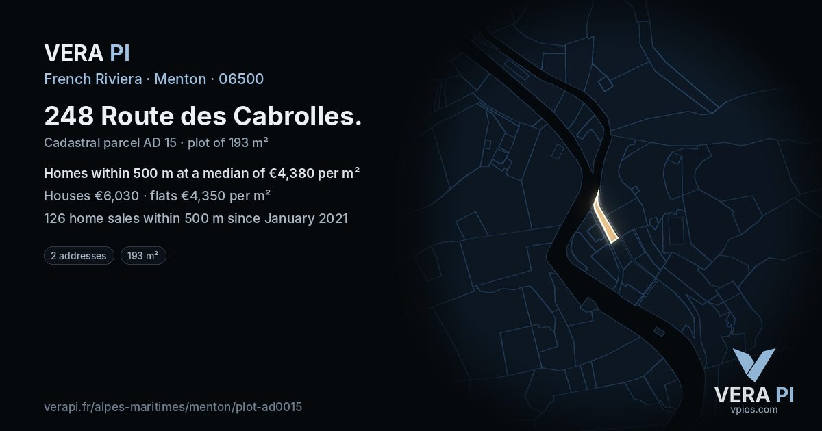 248 Route des Cabrolles, Menton at night – the plot lit, the parcels around coloured by the prices near them