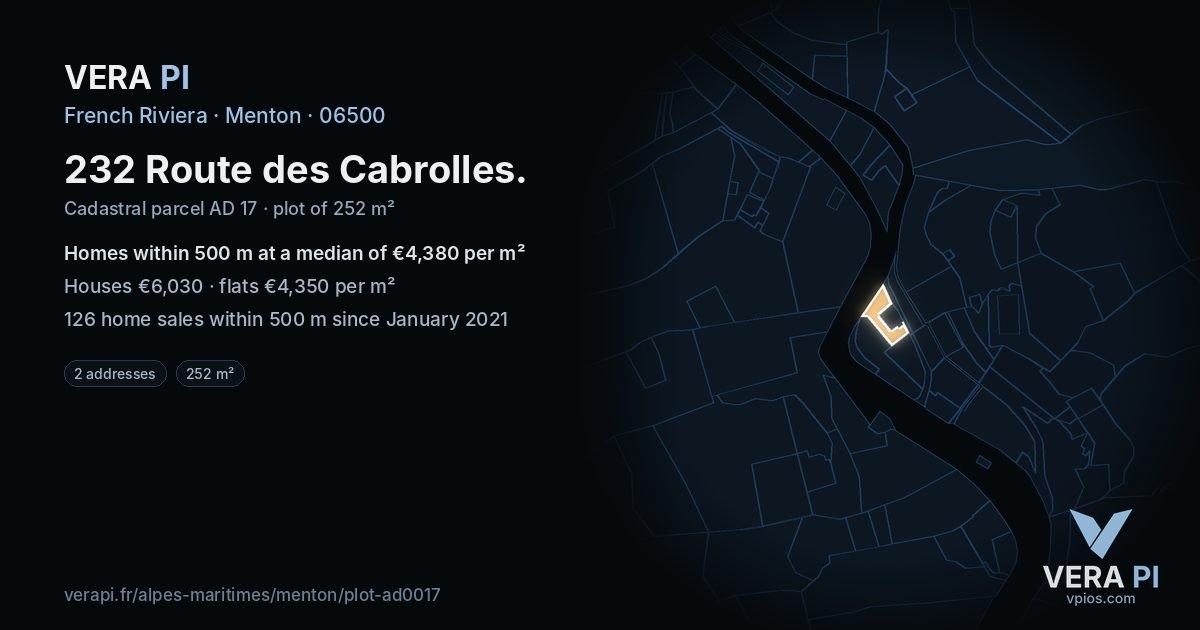 232 Route des Cabrolles, Menton at night – the plot lit, the parcels around coloured by the prices near them