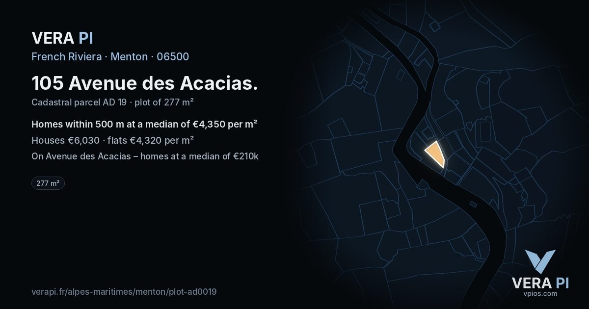 105 Avenue des Acacias, Menton at night – the plot lit, the parcels around coloured by the prices near them