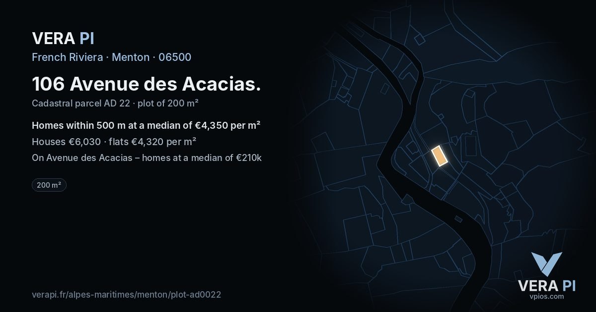106 Avenue des Acacias, Menton at night – the plot lit, the parcels around coloured by the prices near them