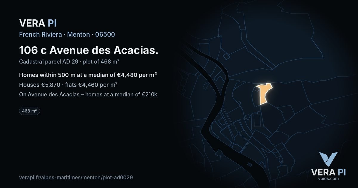106 c Avenue des Acacias, Menton at night – the plot lit, the parcels around coloured by the prices near them