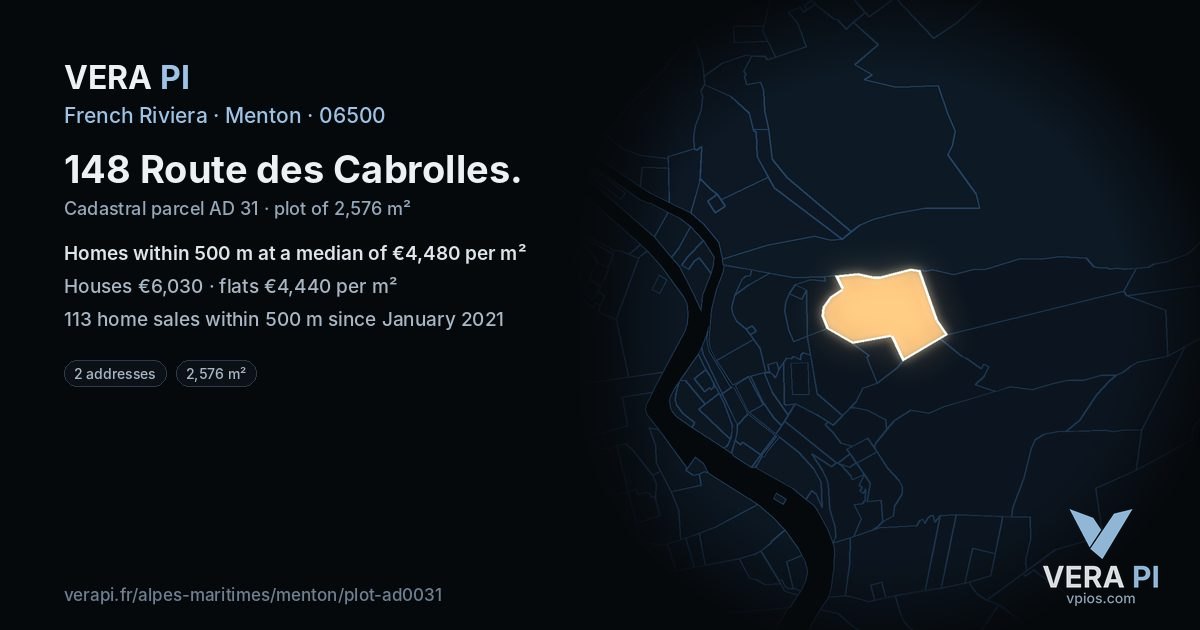 148 Route des Cabrolles, Menton at night – the plot lit, the parcels around coloured by the prices near them