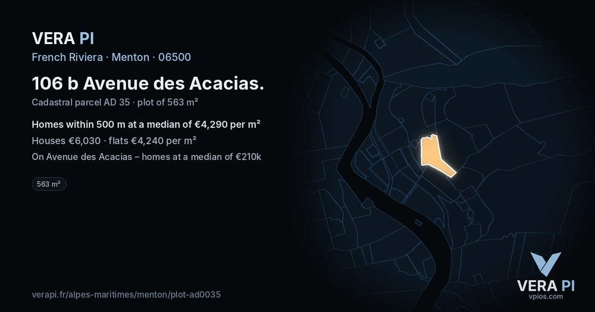 106 b Avenue des Acacias, Menton at night – the plot lit, the parcels around coloured by the prices near them