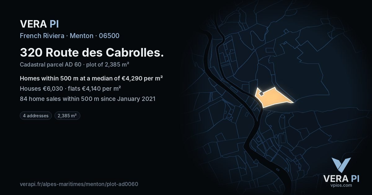 320 Route des Cabrolles, Menton at night – the plot lit, the parcels around coloured by the prices near them