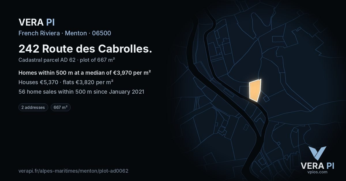 242 Route des Cabrolles, Menton at night – the plot lit, the parcels around coloured by the prices near them