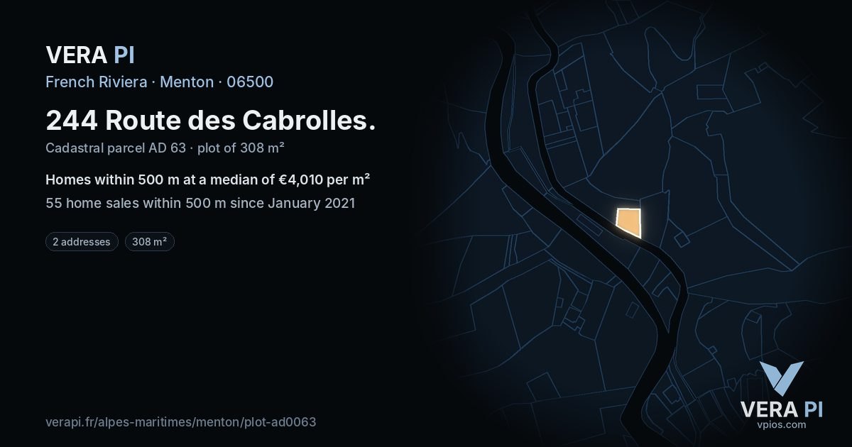 244 Route des Cabrolles, Menton at night – the plot lit, the parcels around coloured by the prices near them