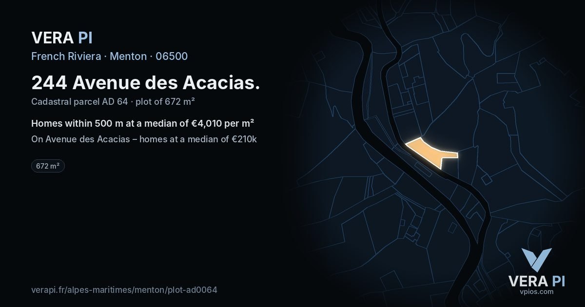 244 Avenue des Acacias, Menton at night – the plot lit, the parcels around coloured by the prices near them