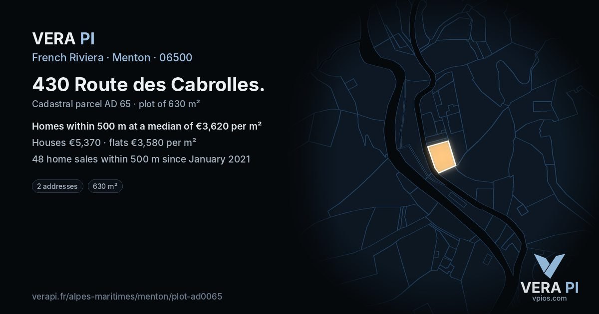 430 Route des Cabrolles, Menton at night – the plot lit, the parcels around coloured by the prices near them