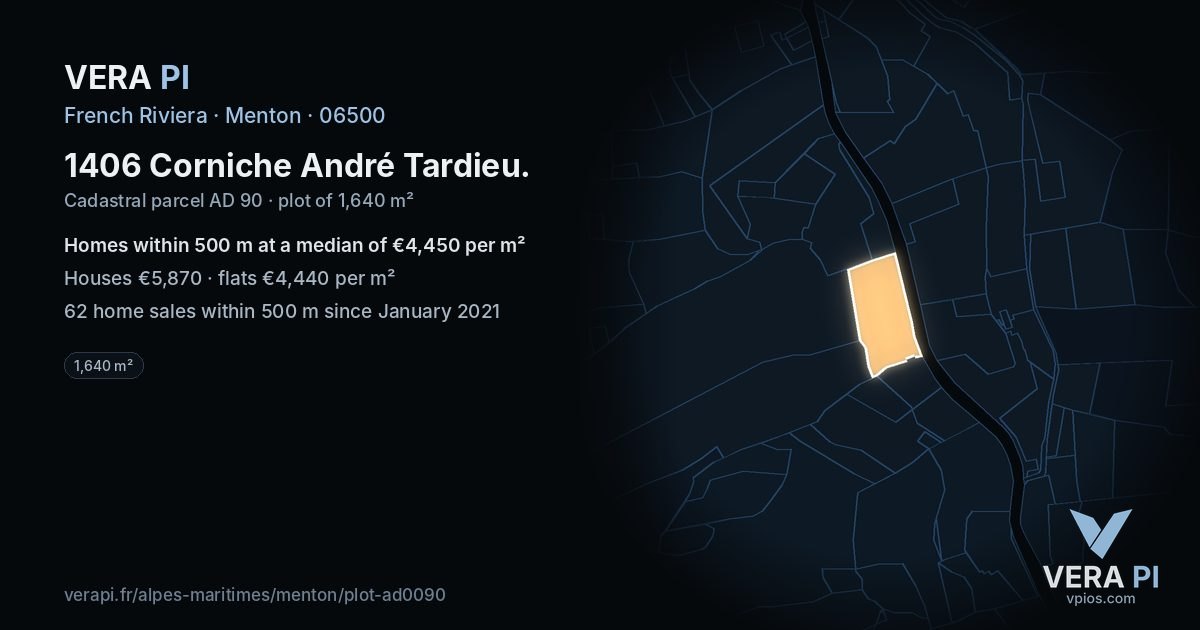 1406 Corniche André Tardieu, Menton at night – the plot lit, the parcels around coloured by the prices near them