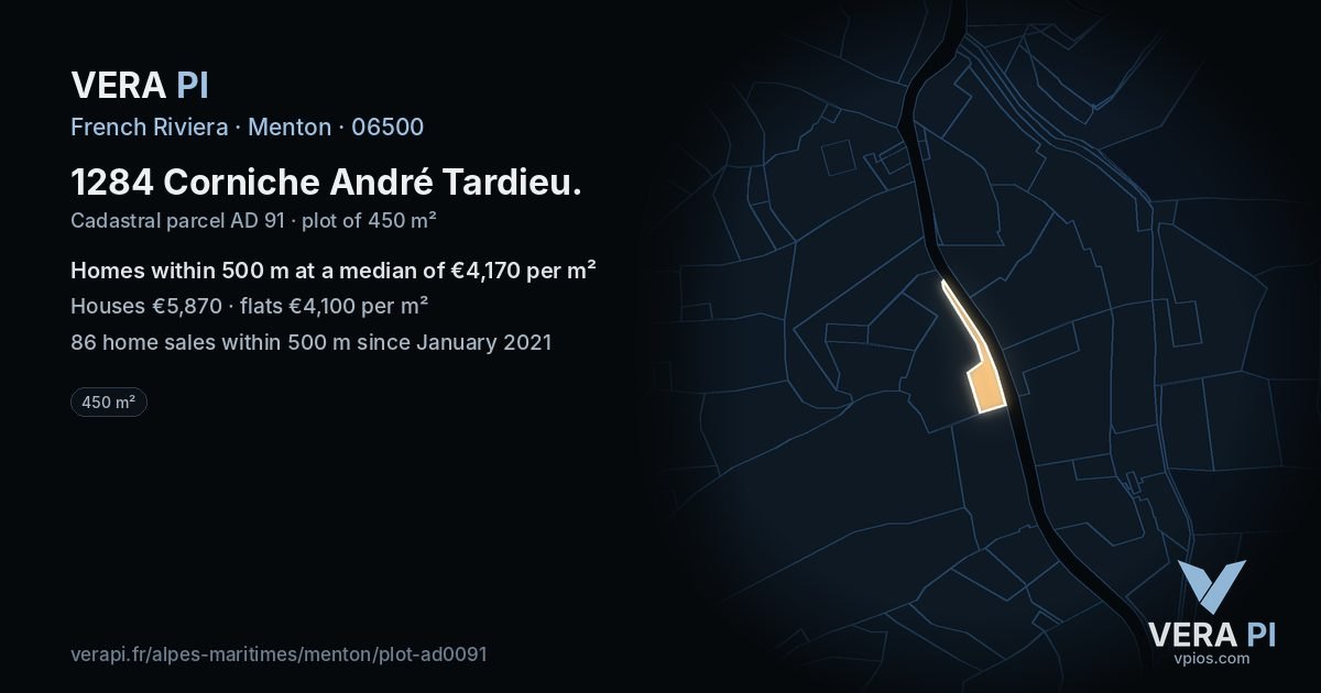 1284 Corniche André Tardieu, Menton at night – the plot lit, the parcels around coloured by the prices near them
