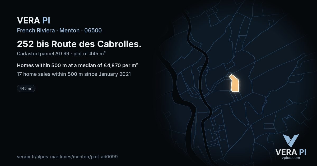 252 bis Route des Cabrolles, Menton at night – the plot lit, the parcels around coloured by the prices near them