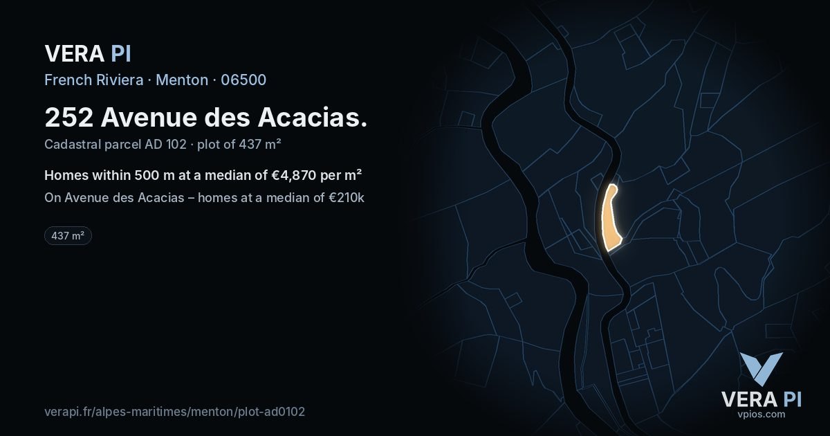 252 Avenue des Acacias, Menton at night – the plot lit, the parcels around coloured by the prices near them