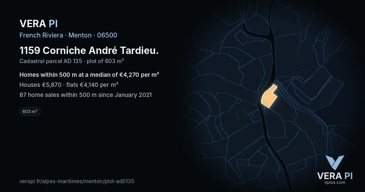 1159 Corniche André Tardieu, Menton at night – the plot lit, the parcels around coloured by the prices near them