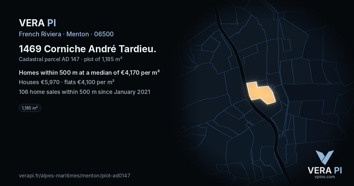 1469 Corniche André Tardieu, Menton at night – the plot lit, the parcels around coloured by the prices near them