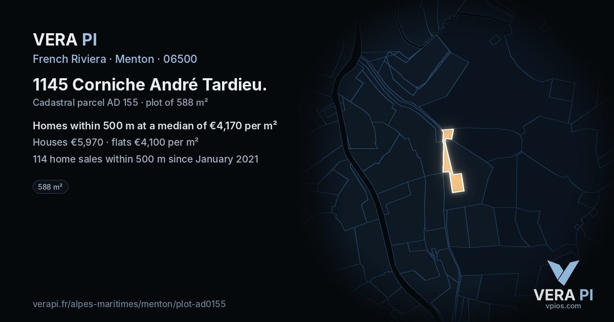1145 Corniche André Tardieu, Menton at night – the plot lit, the parcels around coloured by the prices near them