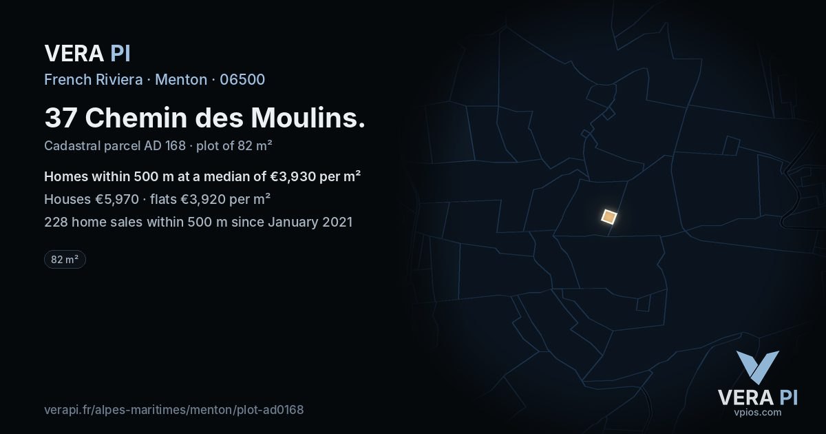 37 Chemin des Moulins, Menton at night – the plot lit, the parcels around coloured by the prices near them