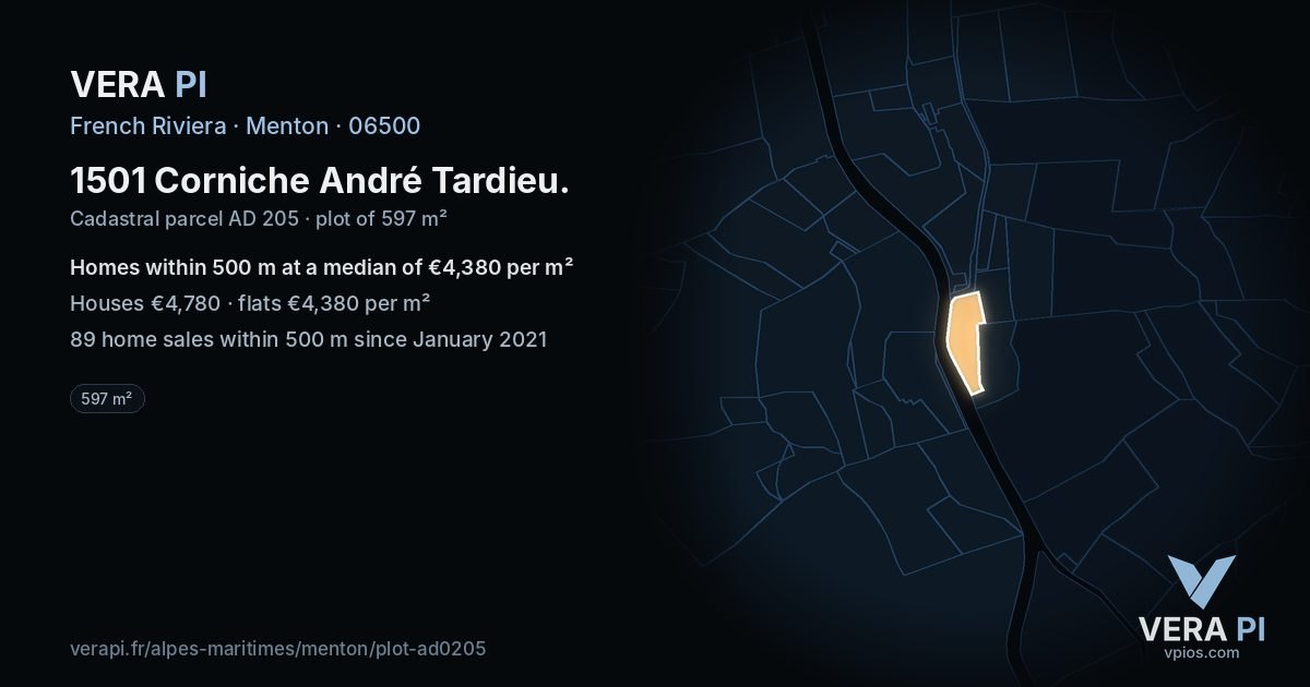 1501 Corniche André Tardieu, Menton at night – the plot lit, the parcels around coloured by the prices near them