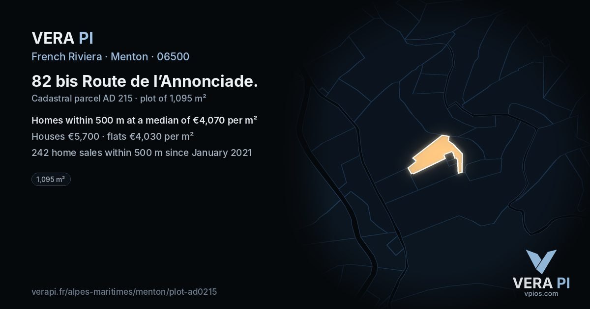 82 bis Route de l’Annonciade, Menton at night – the plot lit, the parcels around coloured by the prices near them
