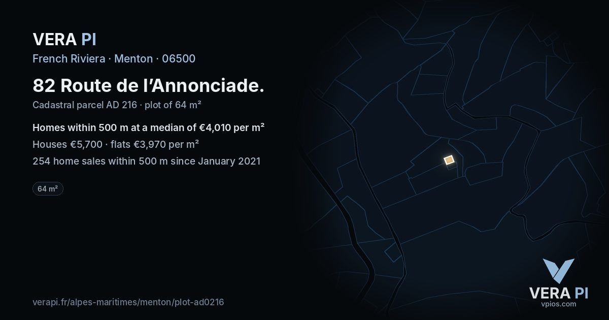 82 Route de l’Annonciade, Menton at night – the plot lit, the parcels around coloured by the prices near them