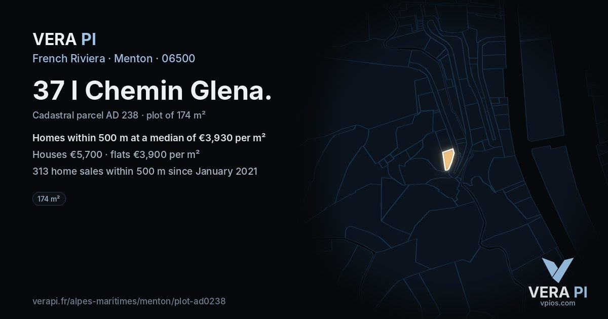 37 l Chemin Glena, Menton at night – the plot lit, the parcels around coloured by the prices near them