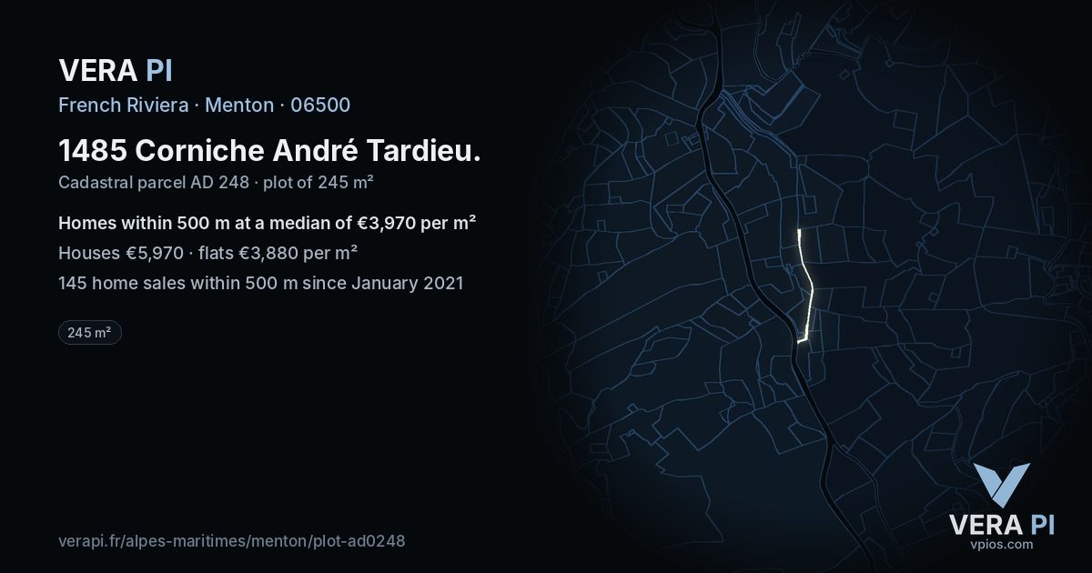 1485 Corniche André Tardieu, Menton at night – the plot lit, the parcels around coloured by the prices near them