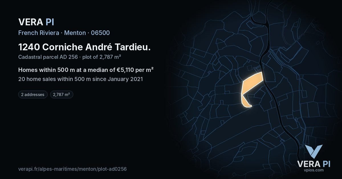 1240 Corniche André Tardieu, Menton at night – the plot lit, the parcels around coloured by the prices near them