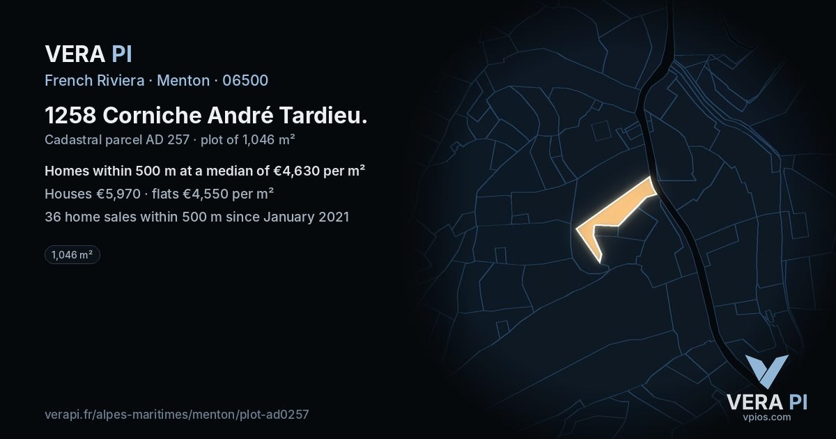 1258 Corniche André Tardieu, Menton at night – the plot lit, the parcels around coloured by the prices near them