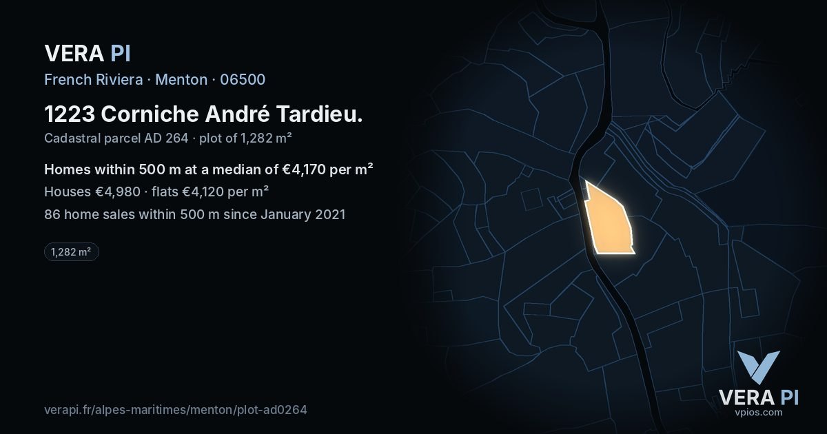 1223 Corniche André Tardieu, Menton at night – the plot lit, the parcels around coloured by the prices near them