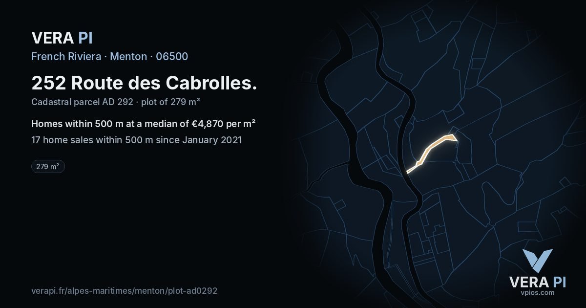 252 Route des Cabrolles, Menton at night – the plot lit, the parcels around coloured by the prices near them