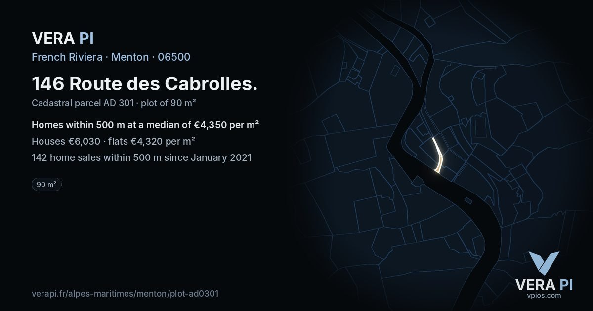 146 Route des Cabrolles, Menton at night – the plot lit, the parcels around coloured by the prices near them
