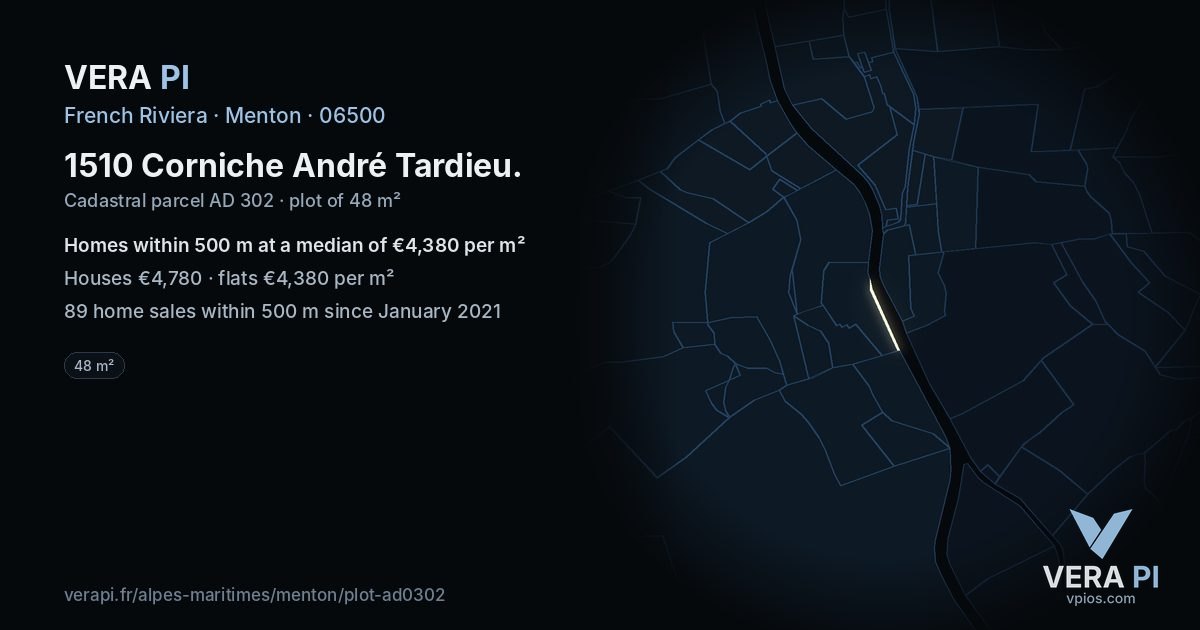 1510 Corniche André Tardieu, Menton at night – the plot lit, the parcels around coloured by the prices near them