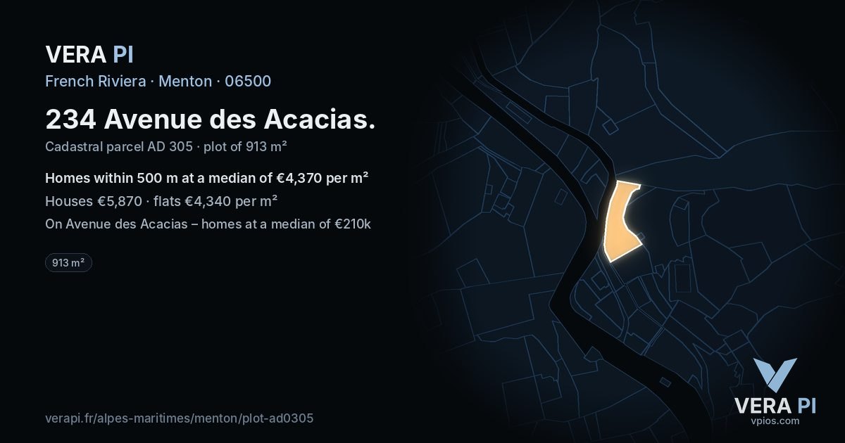 234 Avenue des Acacias, Menton at night – the plot lit, the parcels around coloured by the prices near them