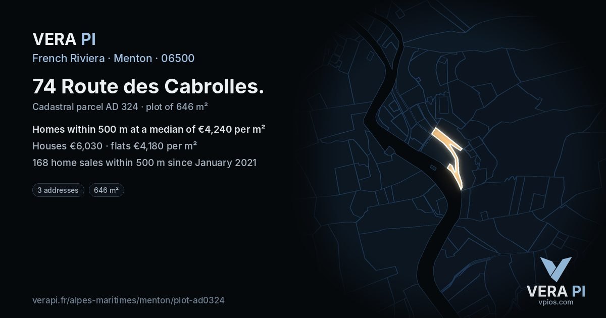 74 Route des Cabrolles, Menton at night – the plot lit, the parcels around coloured by the prices near them