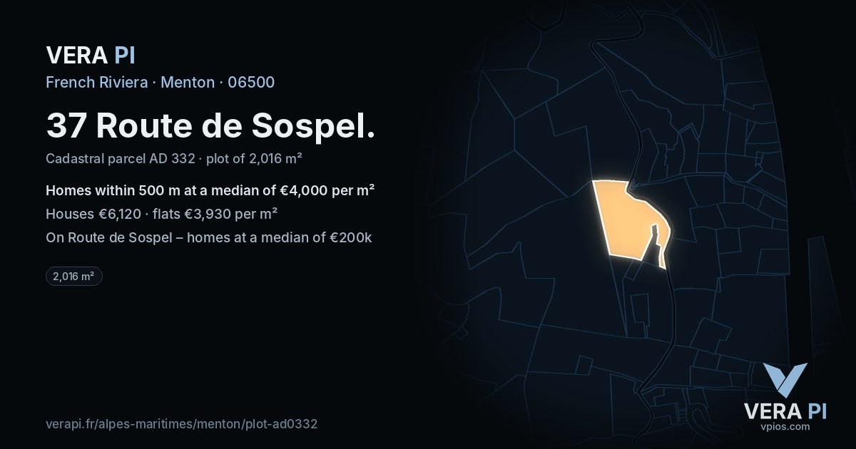 37 Route de Sospel, Menton at night – the plot lit, the parcels around coloured by the prices near them
