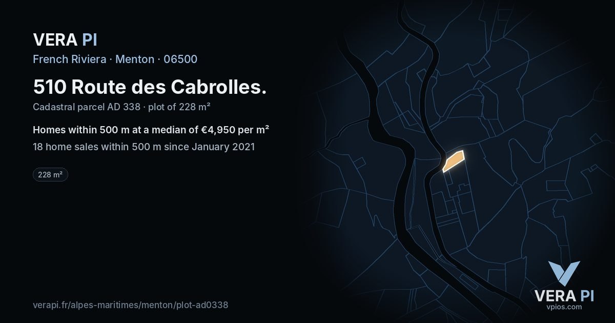 510 Route des Cabrolles, Menton at night – the plot lit, the parcels around coloured by the prices near them