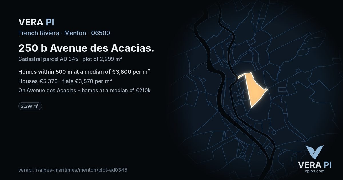 250 b Avenue des Acacias, Menton at night – the plot lit, the parcels around coloured by the prices near them