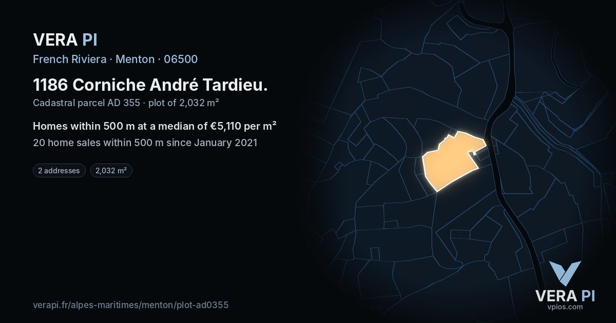 1186 Corniche André Tardieu, Menton at night – the plot lit, the parcels around coloured by the prices near them